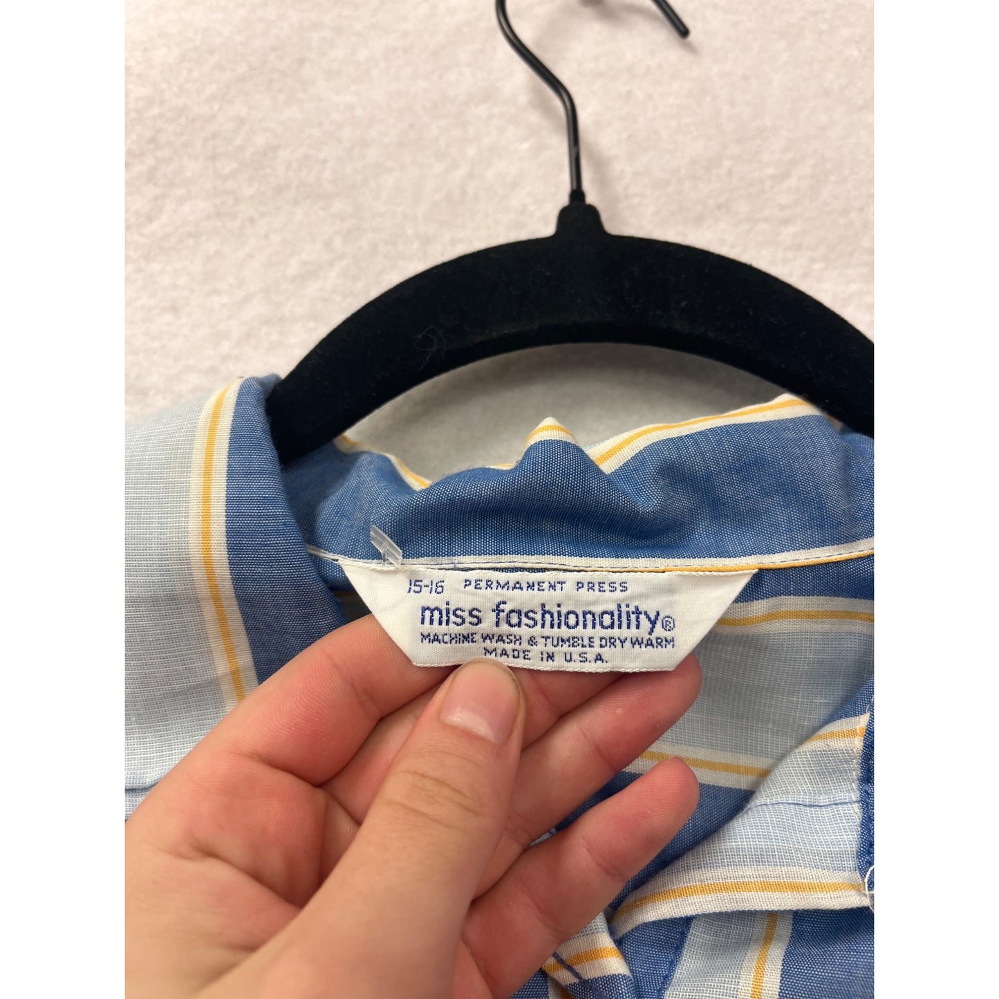 Vintage Miss Fashionality Blue & Yellow Striped Button-Front Womens Blouse With 3/4 Sleeves #6746