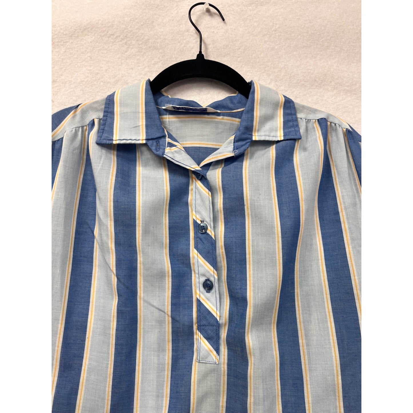 Vintage Miss Fashionality Blue & Yellow Striped Button-Front Womens Blouse With 3/4 Sleeves #6746