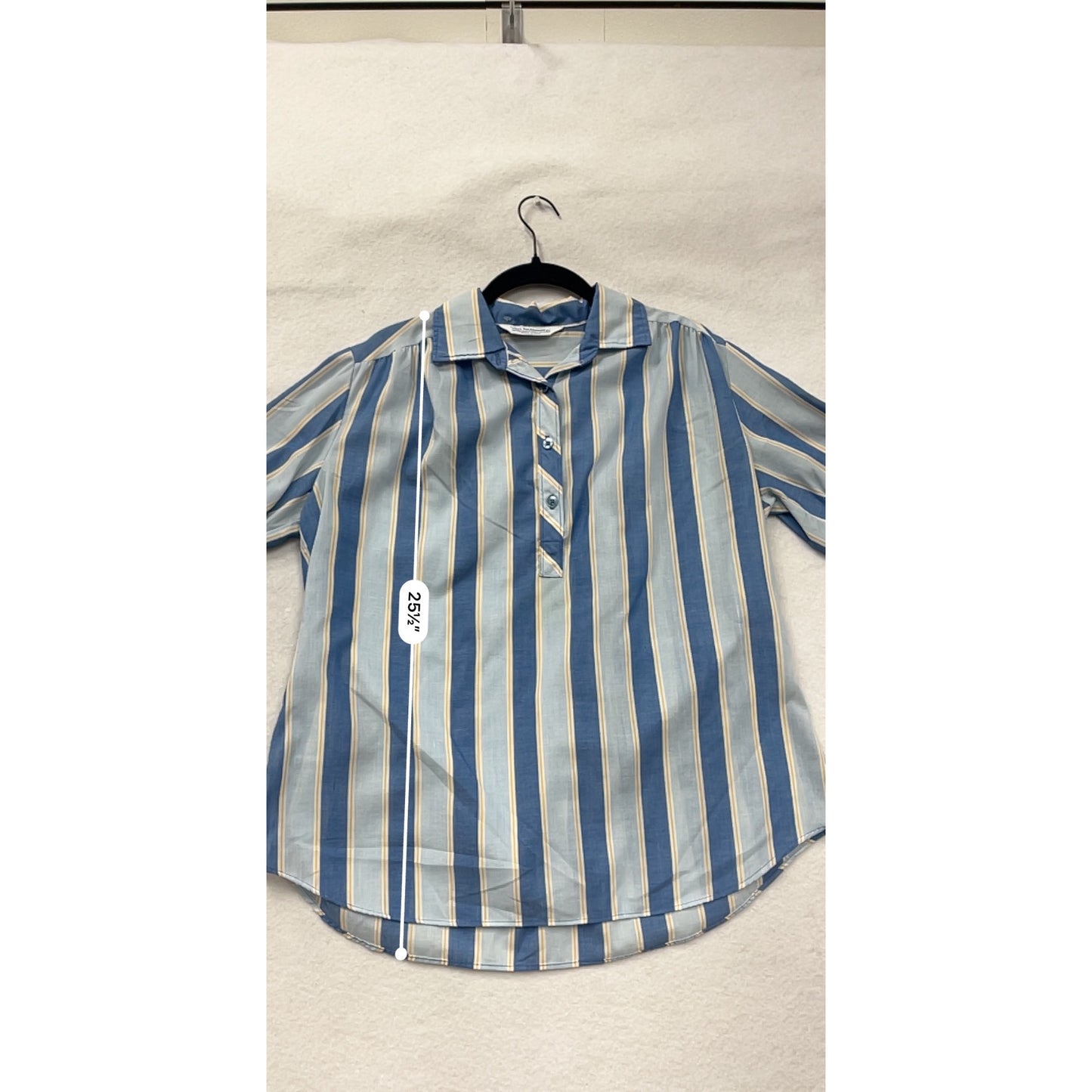 Vintage Miss Fashionality Blue & Yellow Striped Button-Front Womens Blouse With 3/4 Sleeves #6746