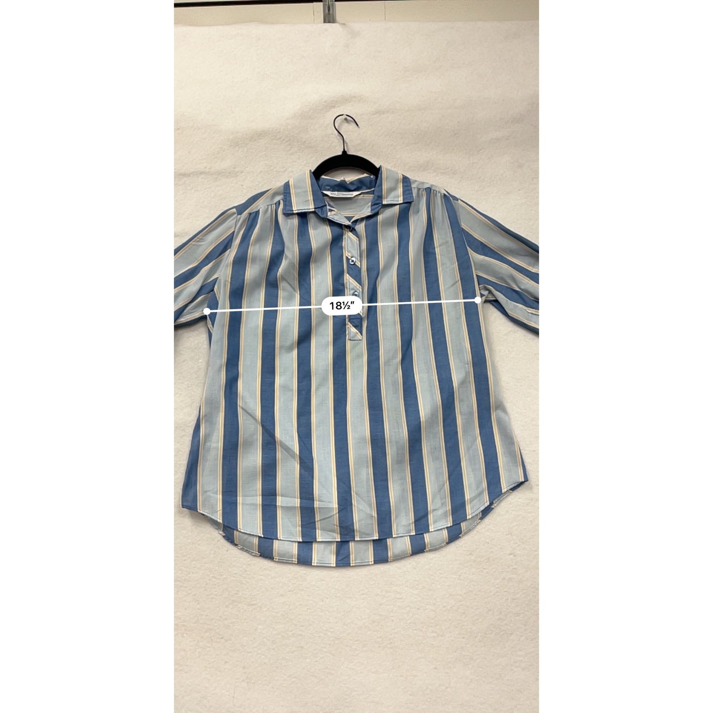 Vintage Miss Fashionality Blue & Yellow Striped Button-Front Womens Blouse With 3/4 Sleeves #6746
