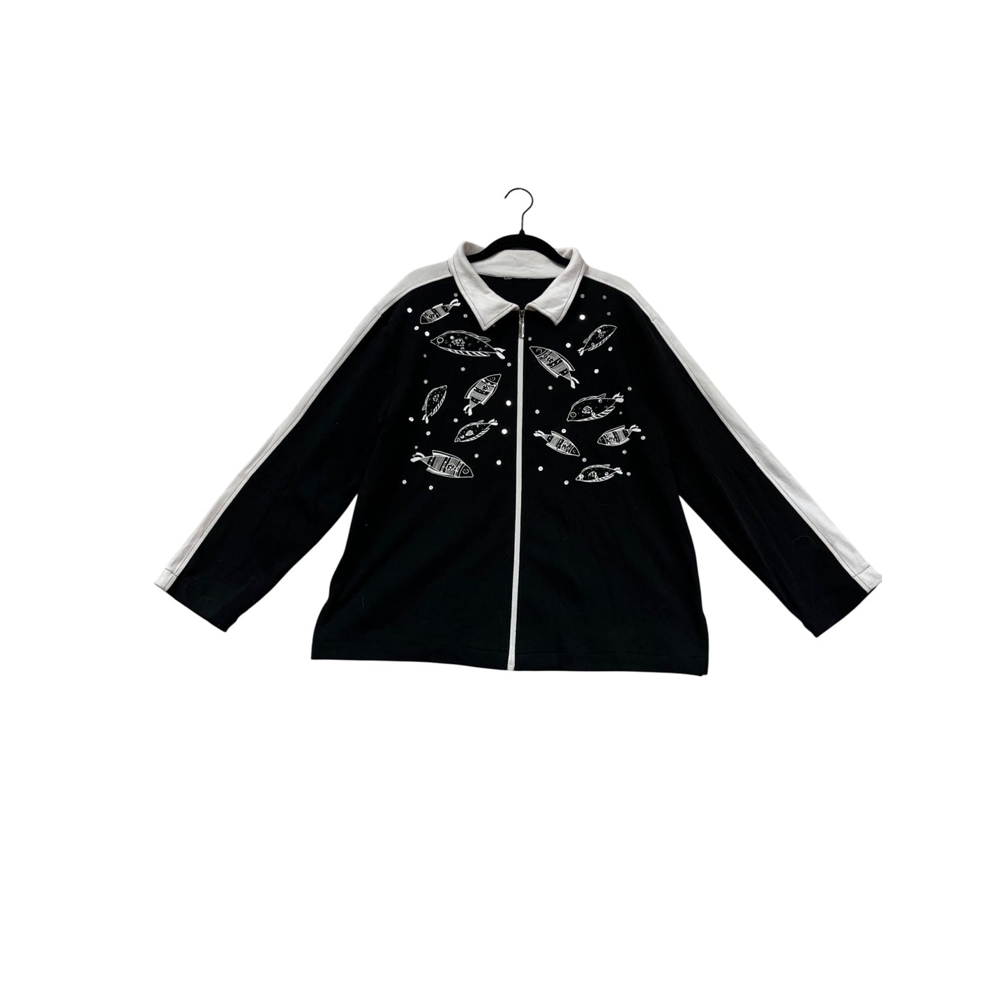 Vintage Huaxing Black & White Fish Print Jacket Large #389A