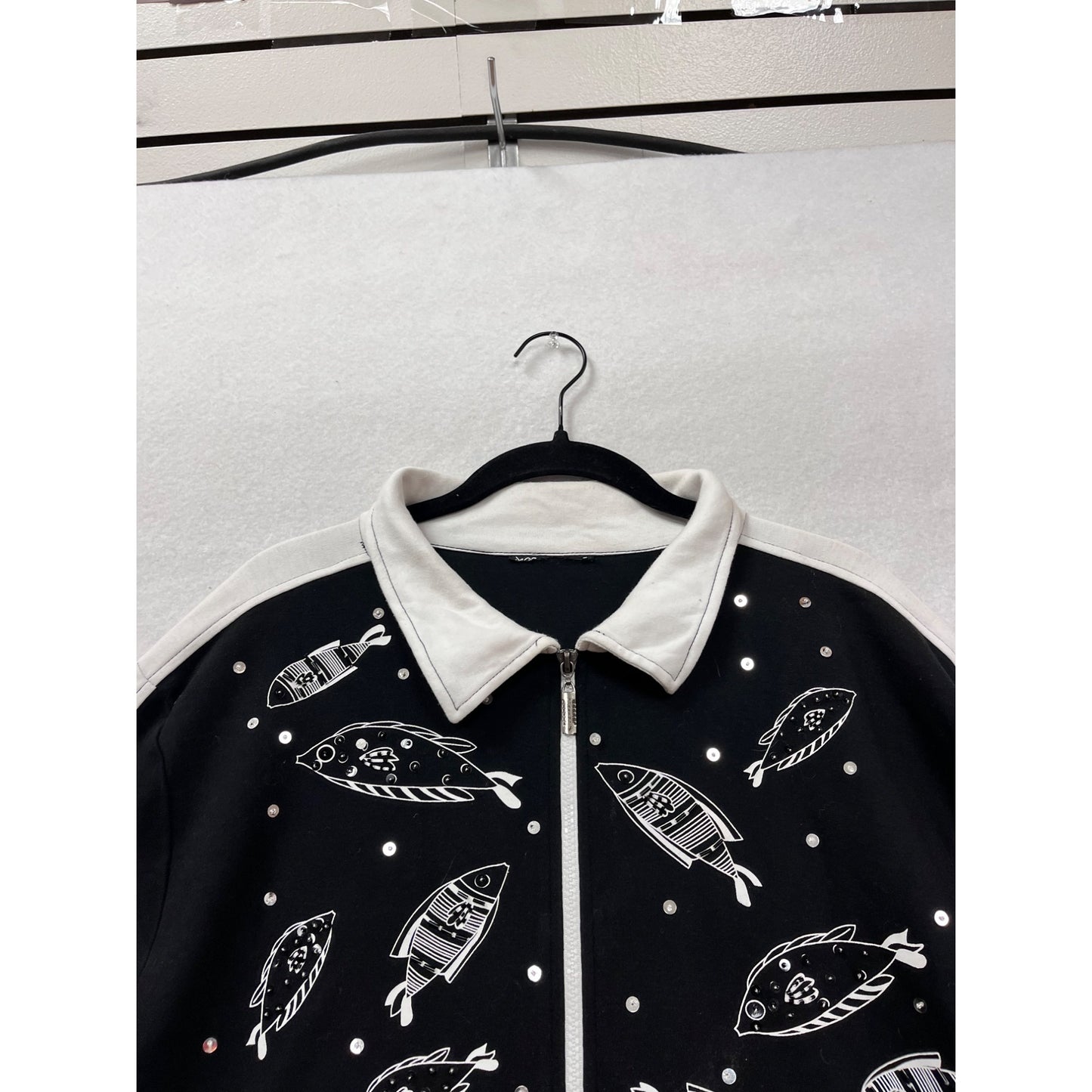 Vintage Huaxing Black & White Fish Print Jacket Large #389A