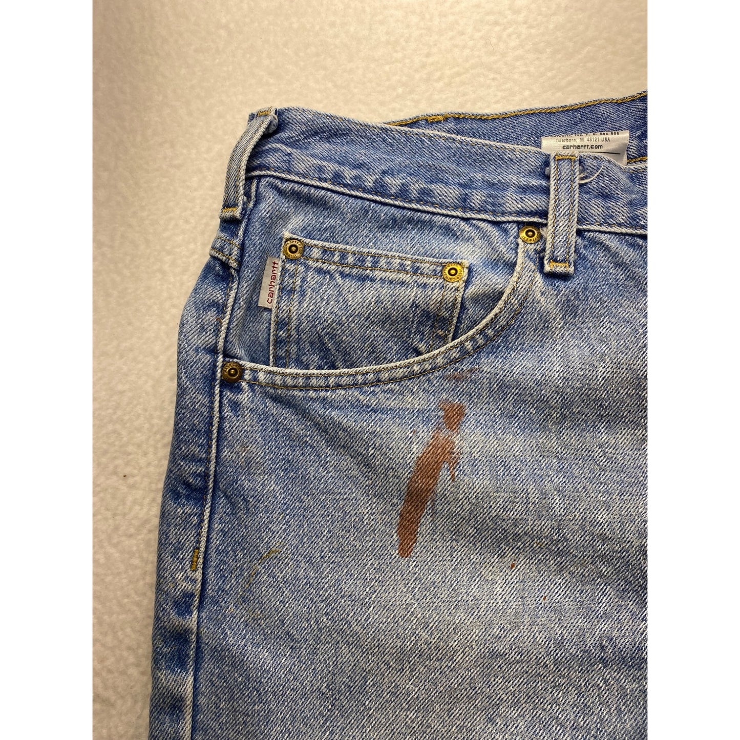 Carhartt Mens Blue Denim Jeans With Paint Stains Relaxed Fit 28" Inseam #7207