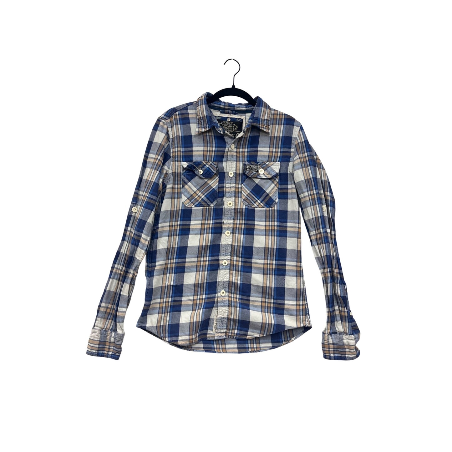 Superdry Co Mens Medium Blue & Beige Plaid Button-Up Long Sleeve Shirt #6942