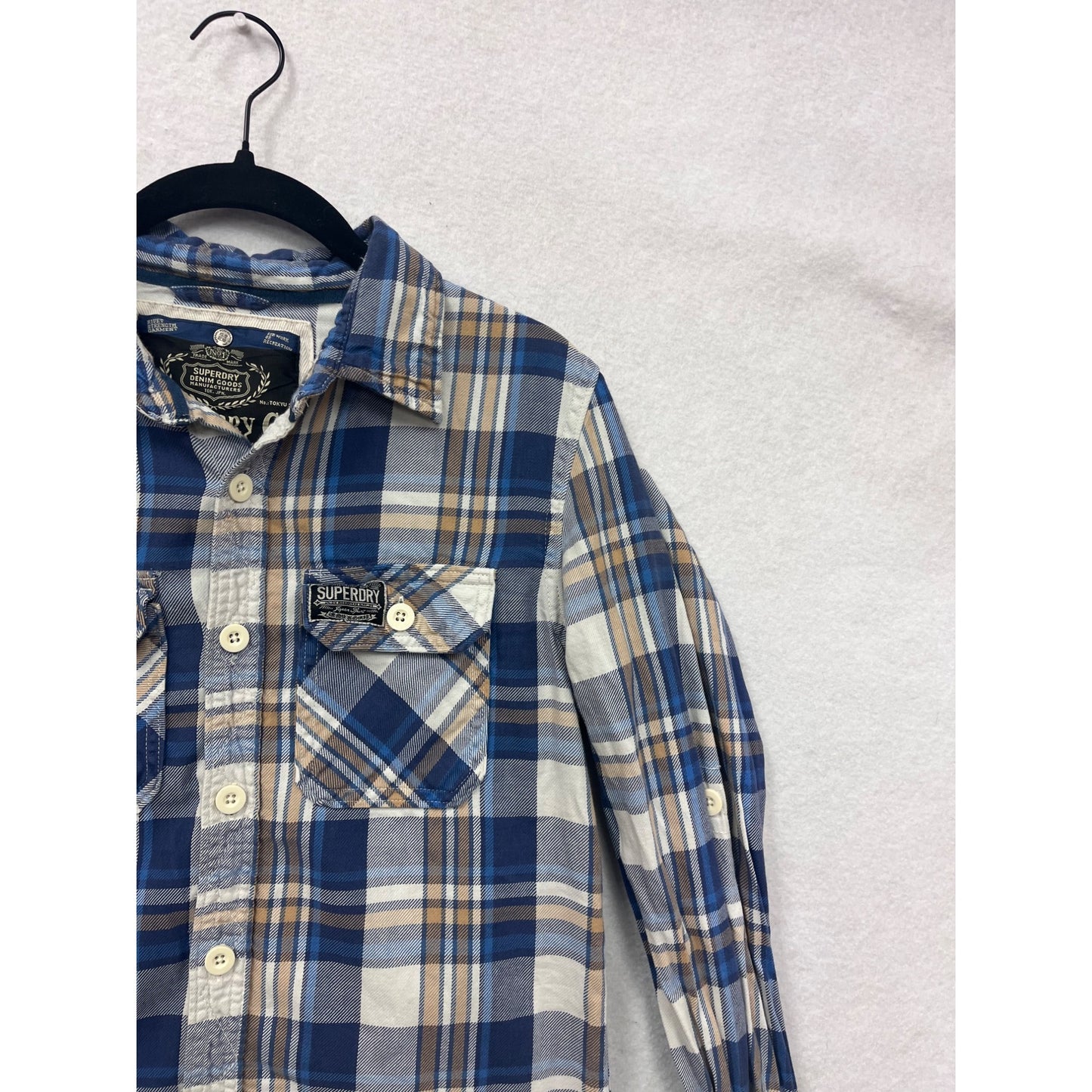 Superdry Co Mens Medium Blue & Beige Plaid Button-Up Long Sleeve Shirt #6942