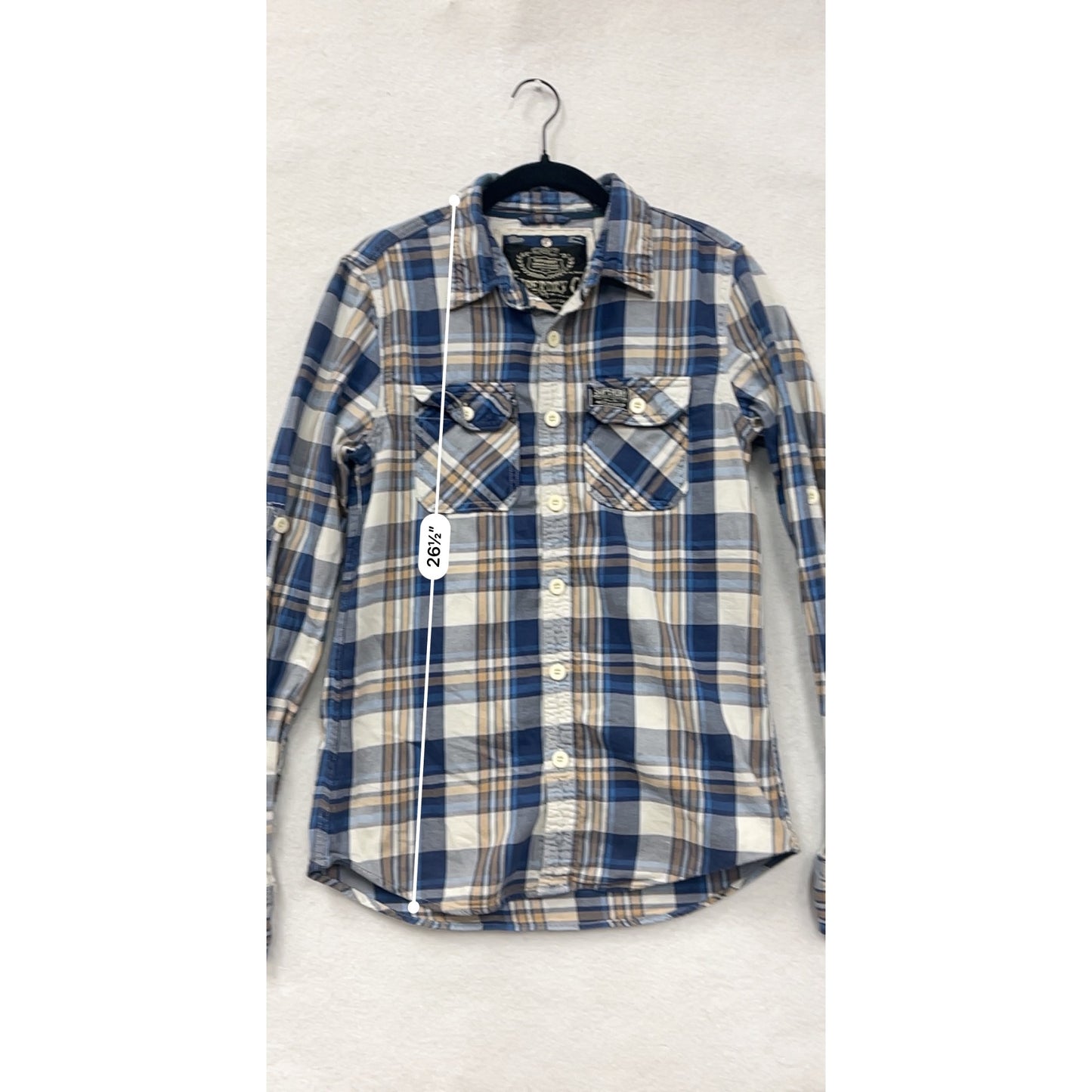 Superdry Co Mens Medium Blue & Beige Plaid Button-Up Long Sleeve Shirt #6942