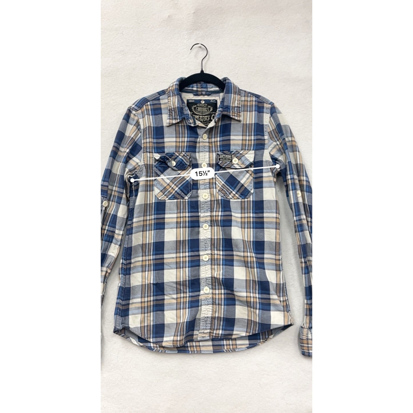 Superdry Co Mens Medium Blue & Beige Plaid Button-Up Long Sleeve Shirt #6942