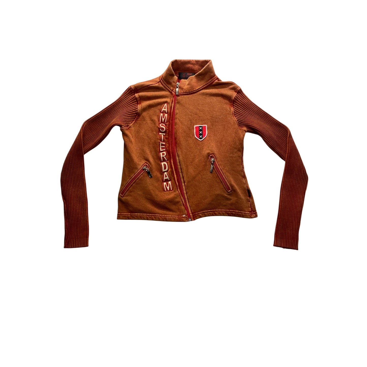 Amsterdam Orange Zip-Up Sweatshirt With Ribbed Sleeves & Embroidered Logo #7368