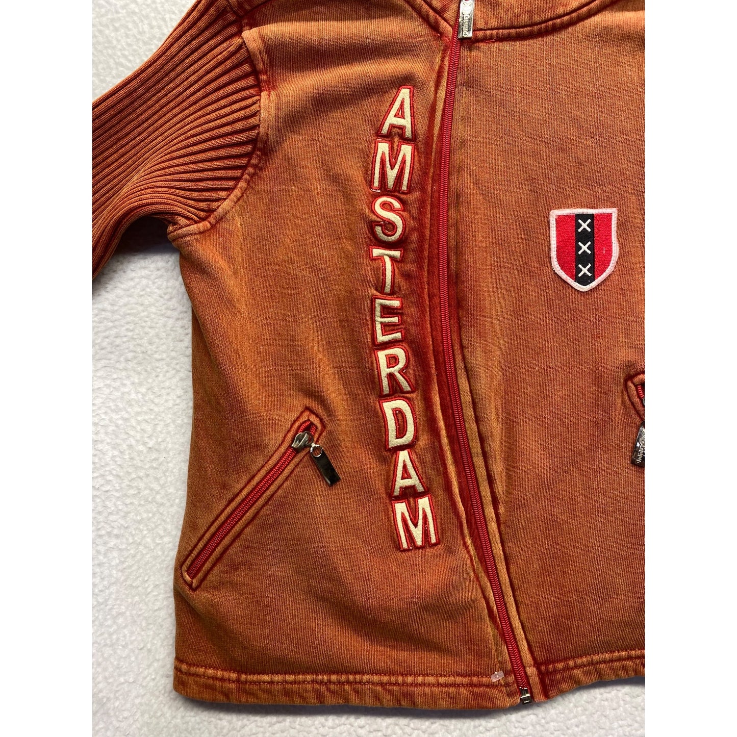 Amsterdam Orange Zip-Up Sweatshirt With Ribbed Sleeves & Embroidered Logo #7368