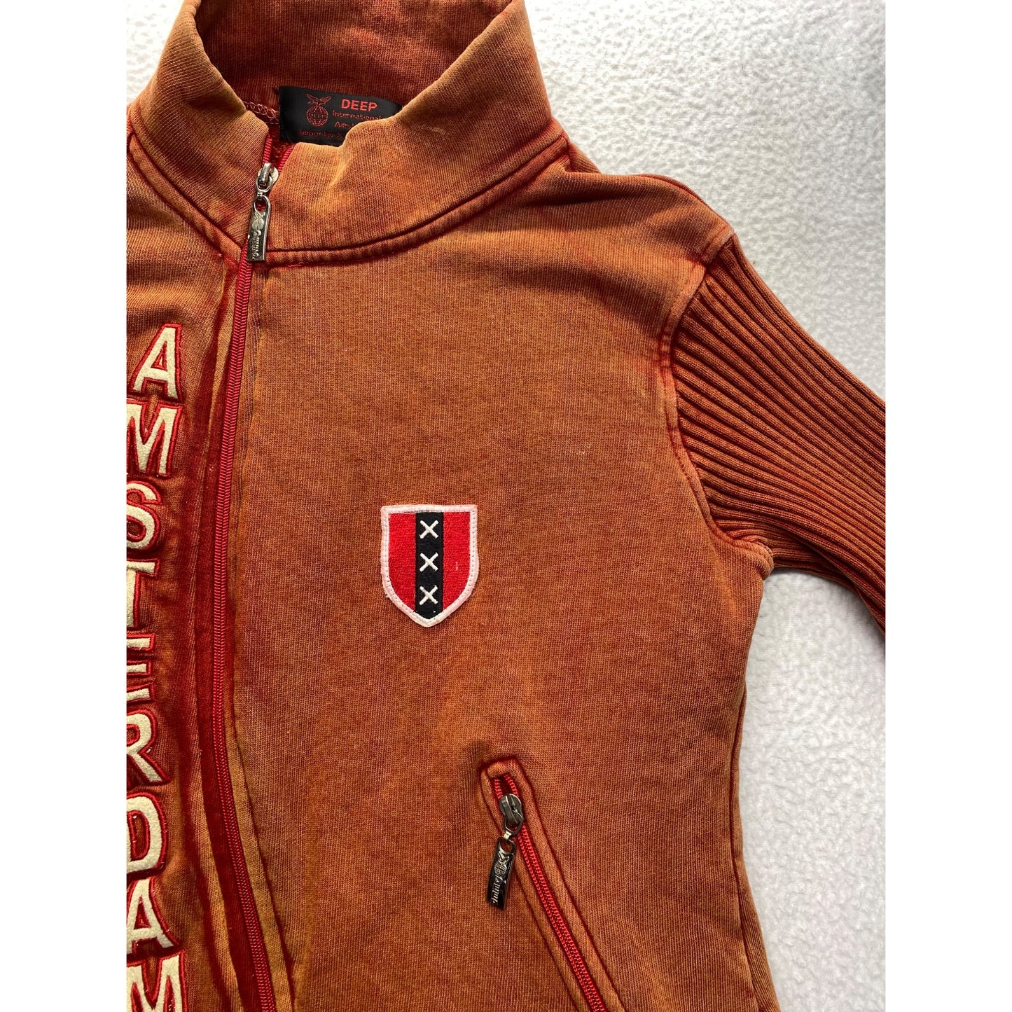 Amsterdam Orange Zip-Up Sweatshirt With Ribbed Sleeves & Embroidered Logo #7368
