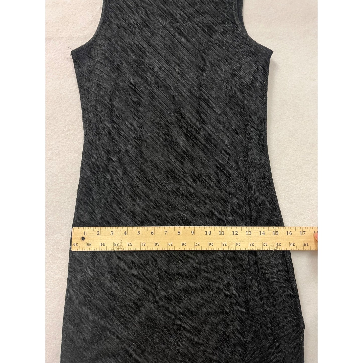 Vintage Harlow Size 14 Petite Black Fringe 80s/90s Sleeveless V-Neck Mid-Length Dress #6403