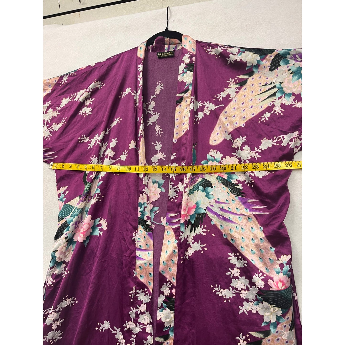 Old Shanghai Womens Purple Floral Kimono Robe With Peacock Design #6166