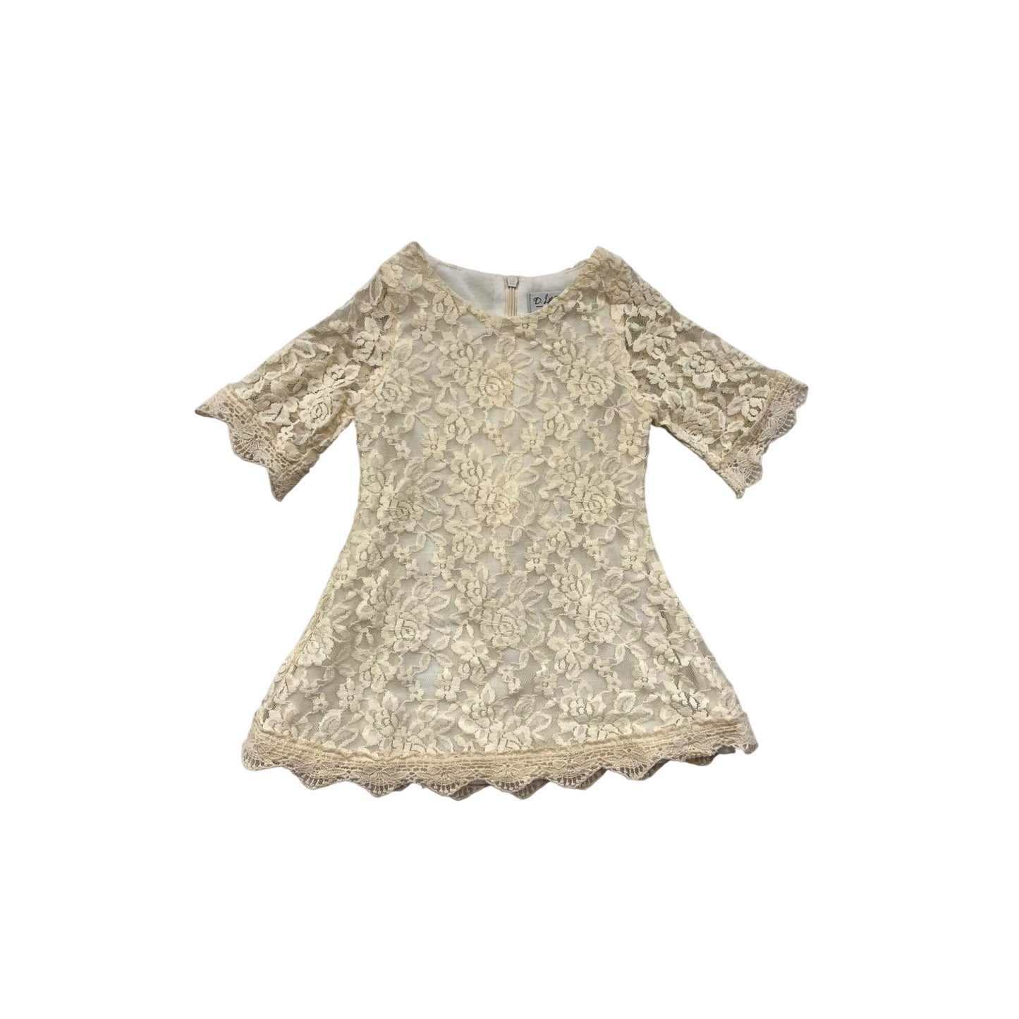 Girls Ivory Lace Dress By D. Lilies Collection Floral Pattern 3/4 Sleeves Back Zipper Closure Size 5-6 #6921