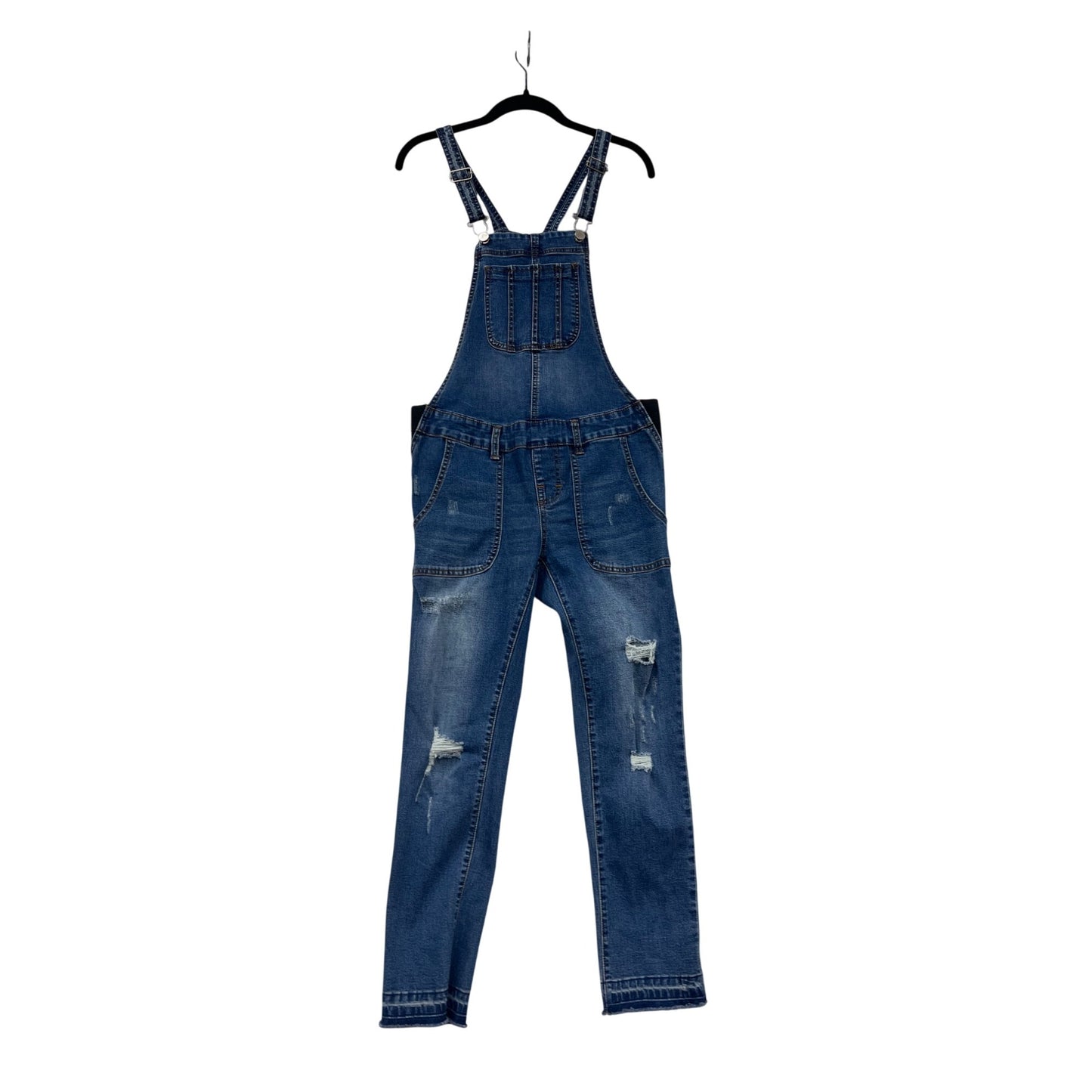 Womens Blue Distressed Denim Maternity Friendly Overalls Small By Roolee #8154