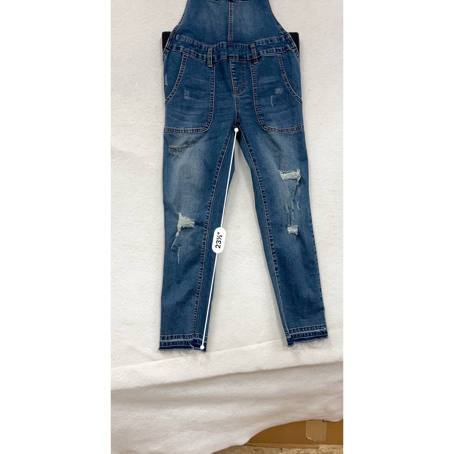 Womens Blue Distressed Denim Maternity Friendly Overalls Small By Roolee #8154