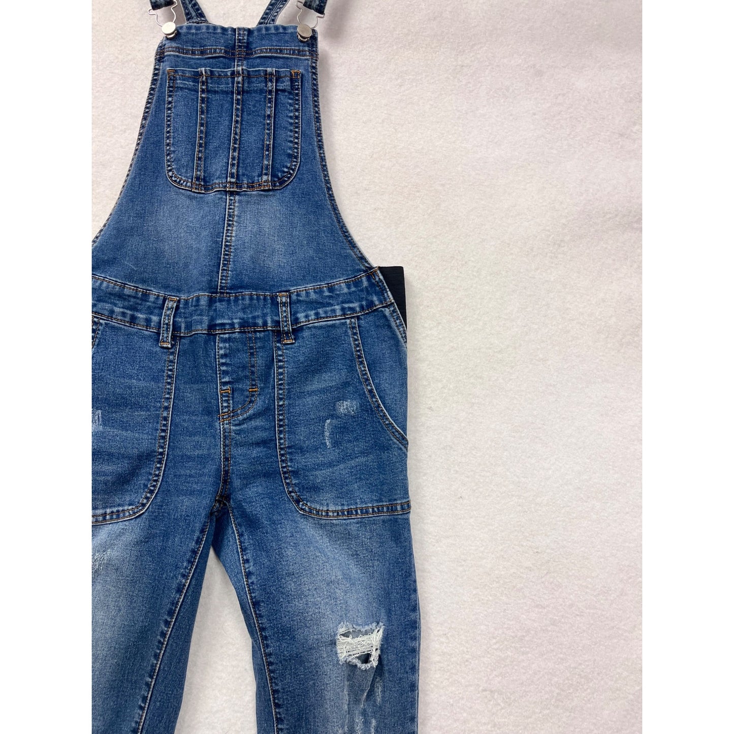 Womens Blue Distressed Denim Maternity Friendly Overalls Small By Roolee #8154