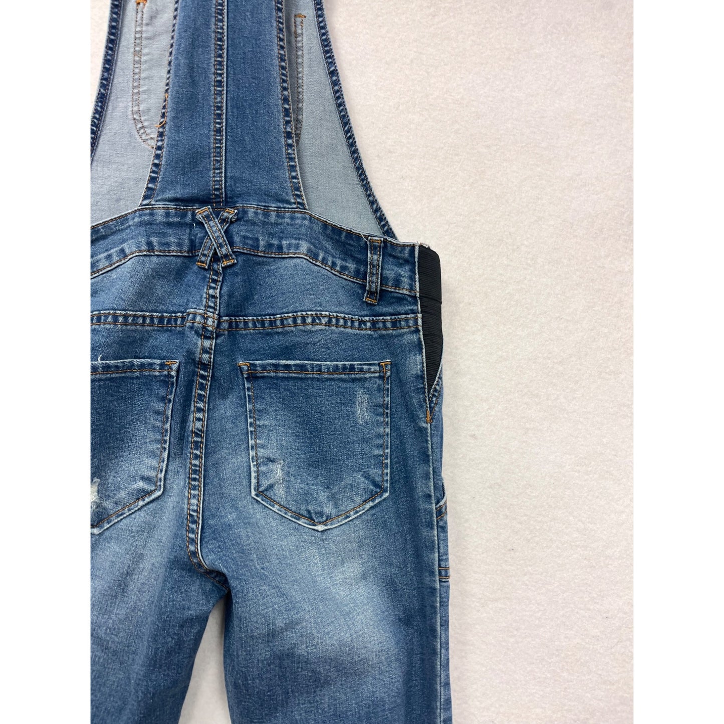 Womens Blue Distressed Denim Maternity Friendly Overalls Small By Roolee #8154