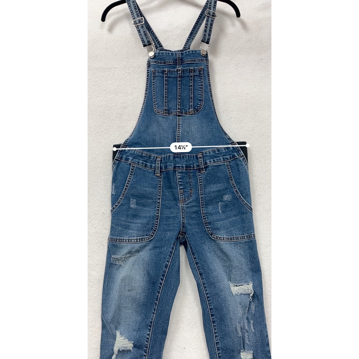Womens Blue Distressed Denim Maternity Friendly Overalls Small By Roolee #8154
