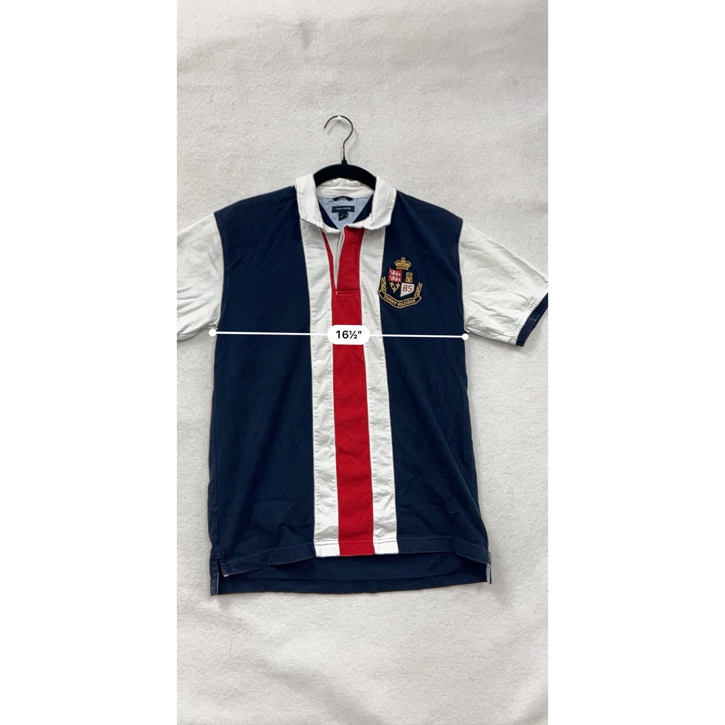 Tommy Hilfiger Boys Polo Shirt Navy/White/Red TH Crest Patch Size 16/18 Short Sleeve #6784