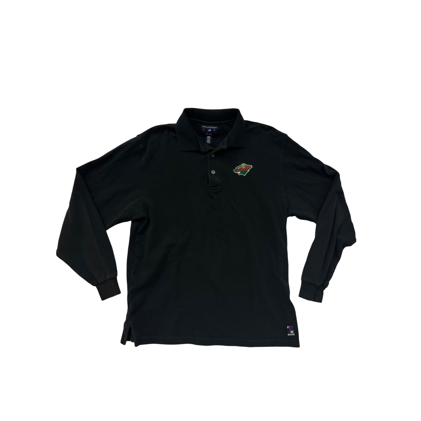 Men’s Medium Minnesota Wild Black Long-Sleeve Polo Shirt By Port Authority Embroidered Logo Wells Fargo Patch