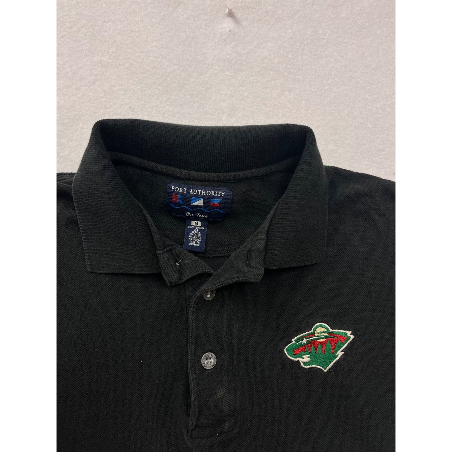 Men’s Medium Minnesota Wild Black Long-Sleeve Polo Shirt By Port Authority Embroidered Logo Wells Fargo Patch