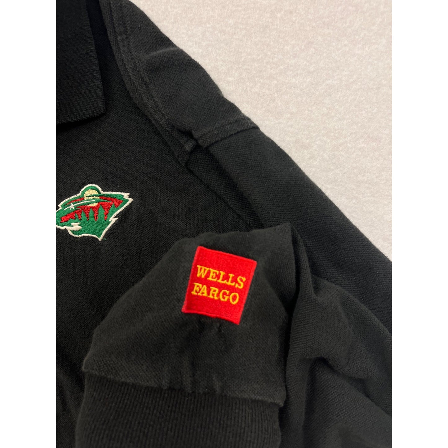 Men’s Medium Minnesota Wild Black Long-Sleeve Polo Shirt By Port Authority Embroidered Logo Wells Fargo Patch