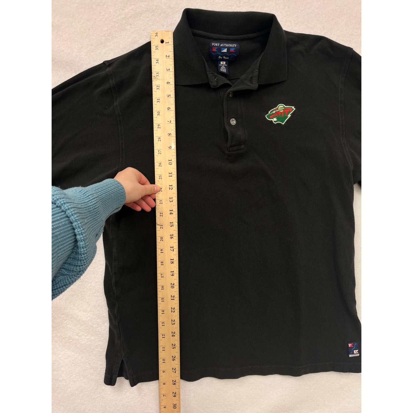 Men’s Medium Minnesota Wild Black Long-Sleeve Polo Shirt By Port Authority Embroidered Logo Wells Fargo Patch