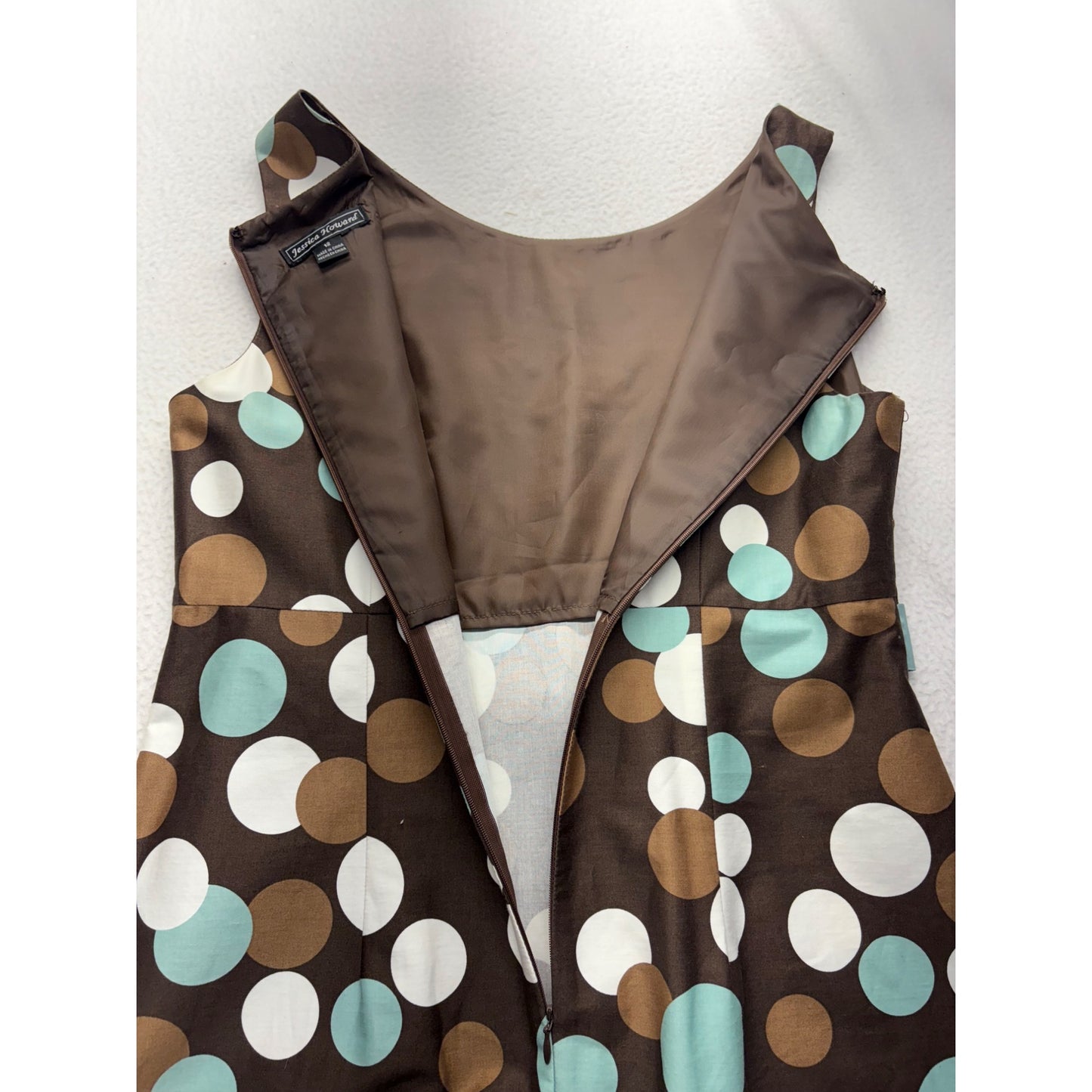 Jessica Howard Brown Sleeveless Polka Dot Dress W/ Teal Belt Size 12 #7722