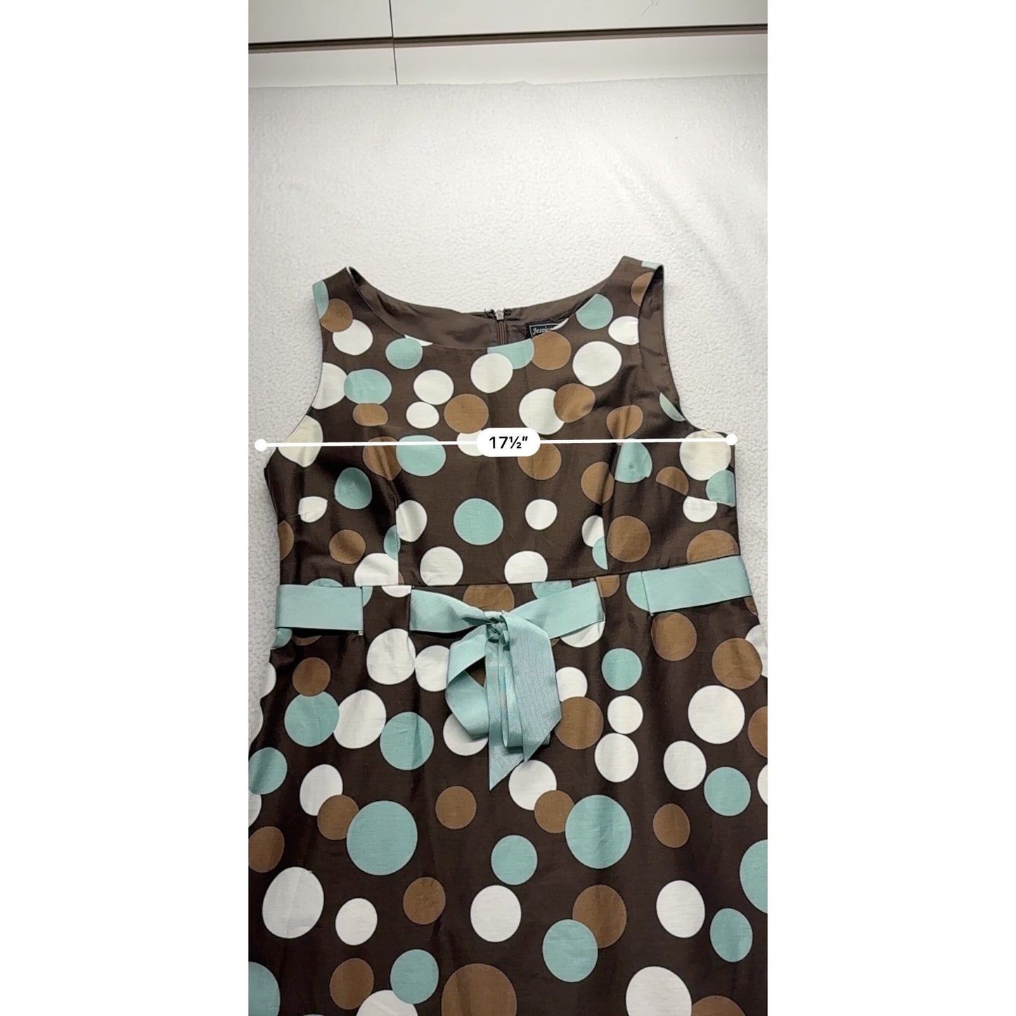 Jessica Howard Brown Sleeveless Polka Dot Dress W/ Teal Belt Size 12 #7722
