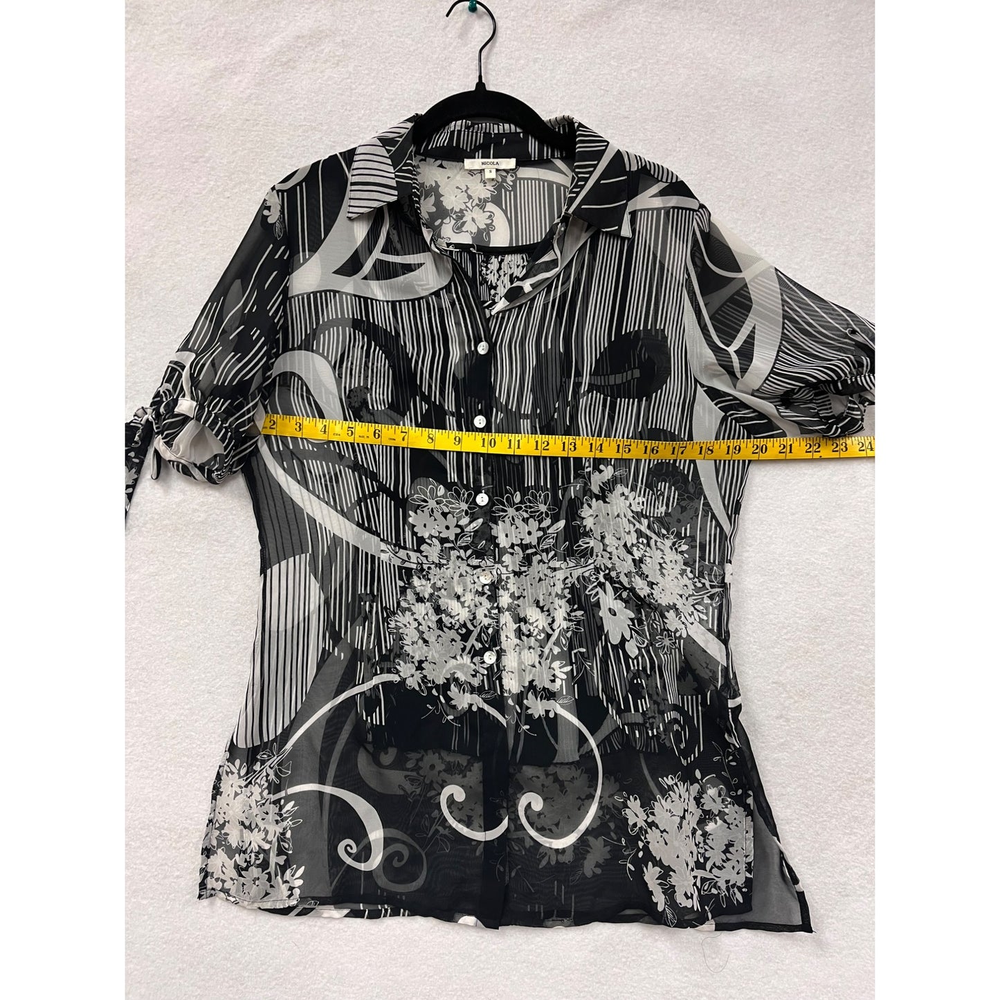 Sheer Black & White Floral Striped Blouse By Nicola #6098