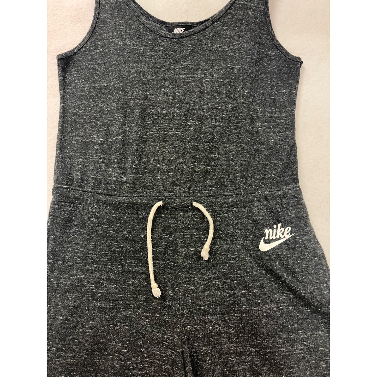 Nike Womens Heathered Black Sleeveless Romper With Drawstring Waist & Wide-Leg Design #6698