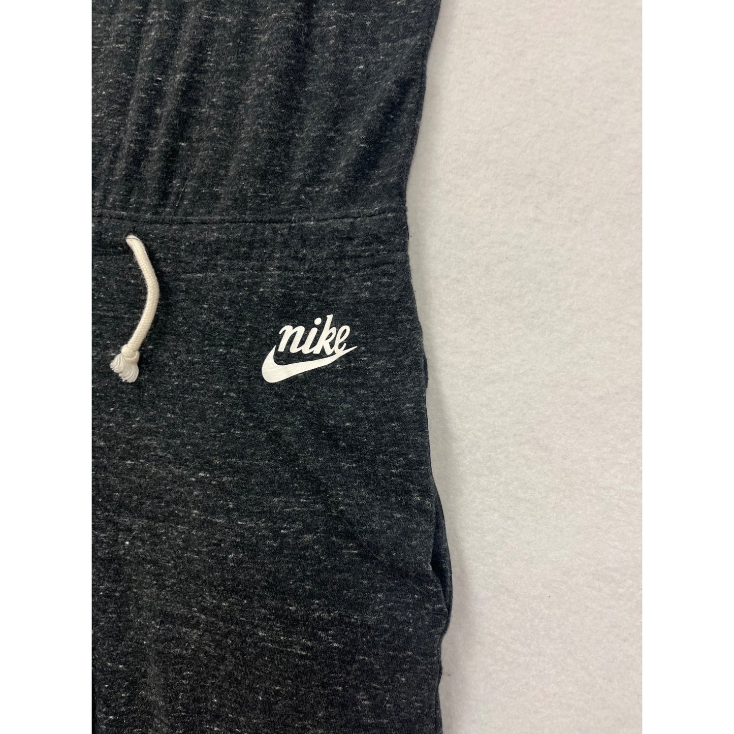 Nike Womens Heathered Black Sleeveless Romper With Drawstring Waist & Wide-Leg Design #6698