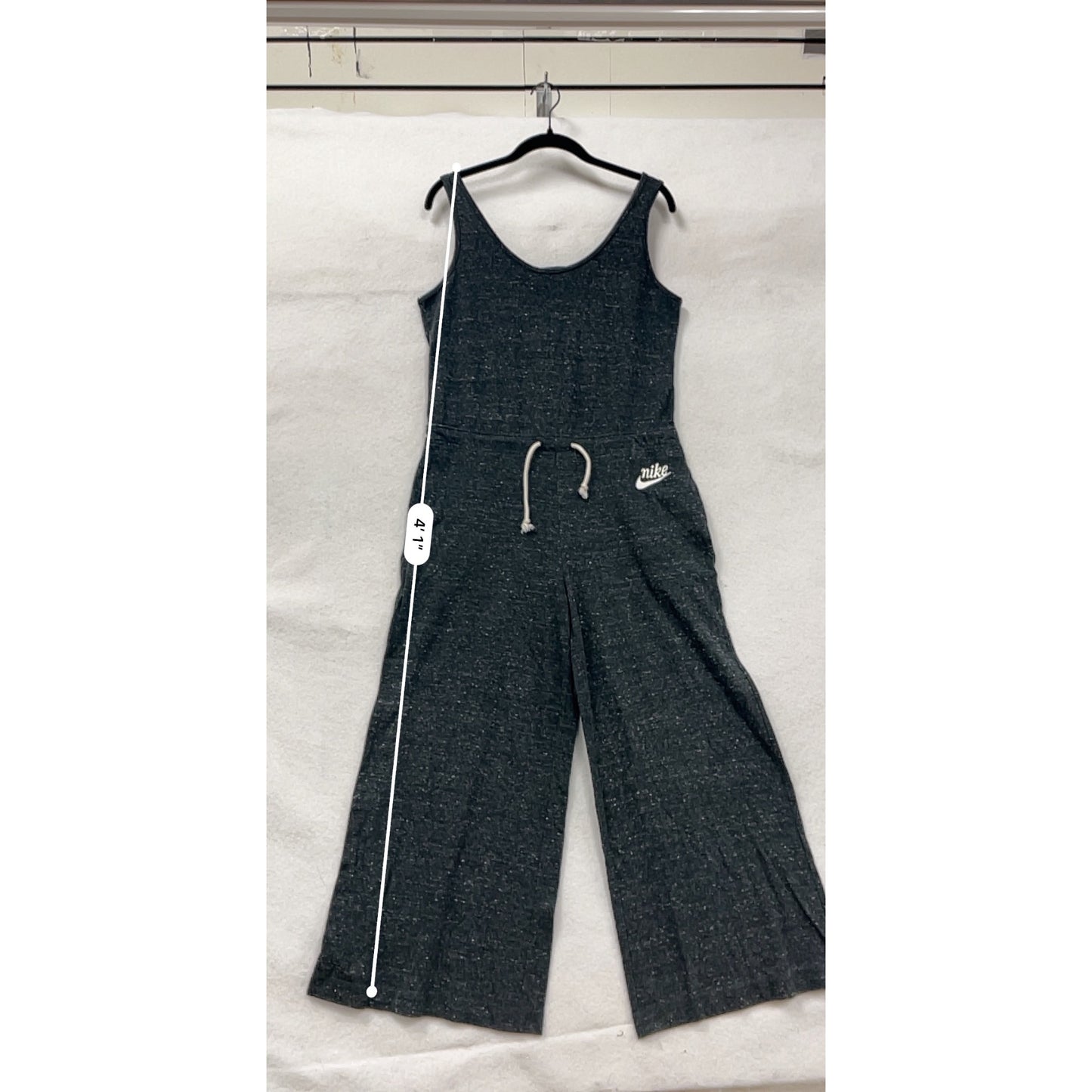 Nike Womens Heathered Black Sleeveless Romper With Drawstring Waist & Wide-Leg Design #6698