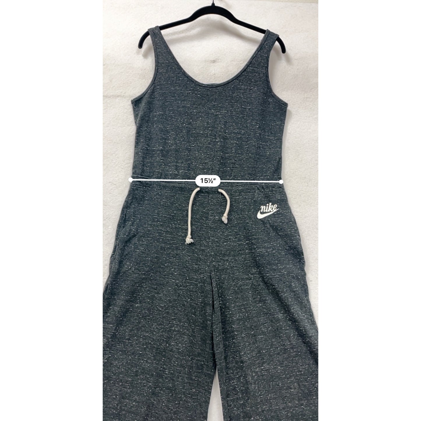 Nike Womens Heathered Black Sleeveless Romper With Drawstring Waist & Wide-Leg Design #6698