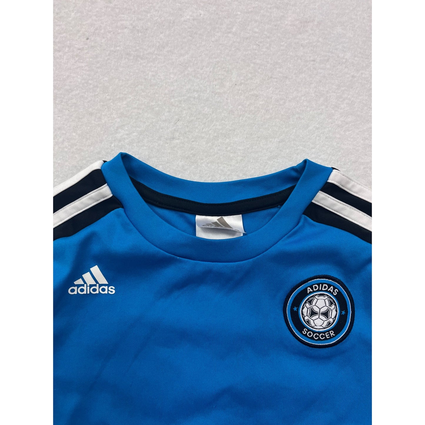 Adidas Kids Blue Soccer Tee With Striped Sleeves & Embroidered Logo Size 4T #6505