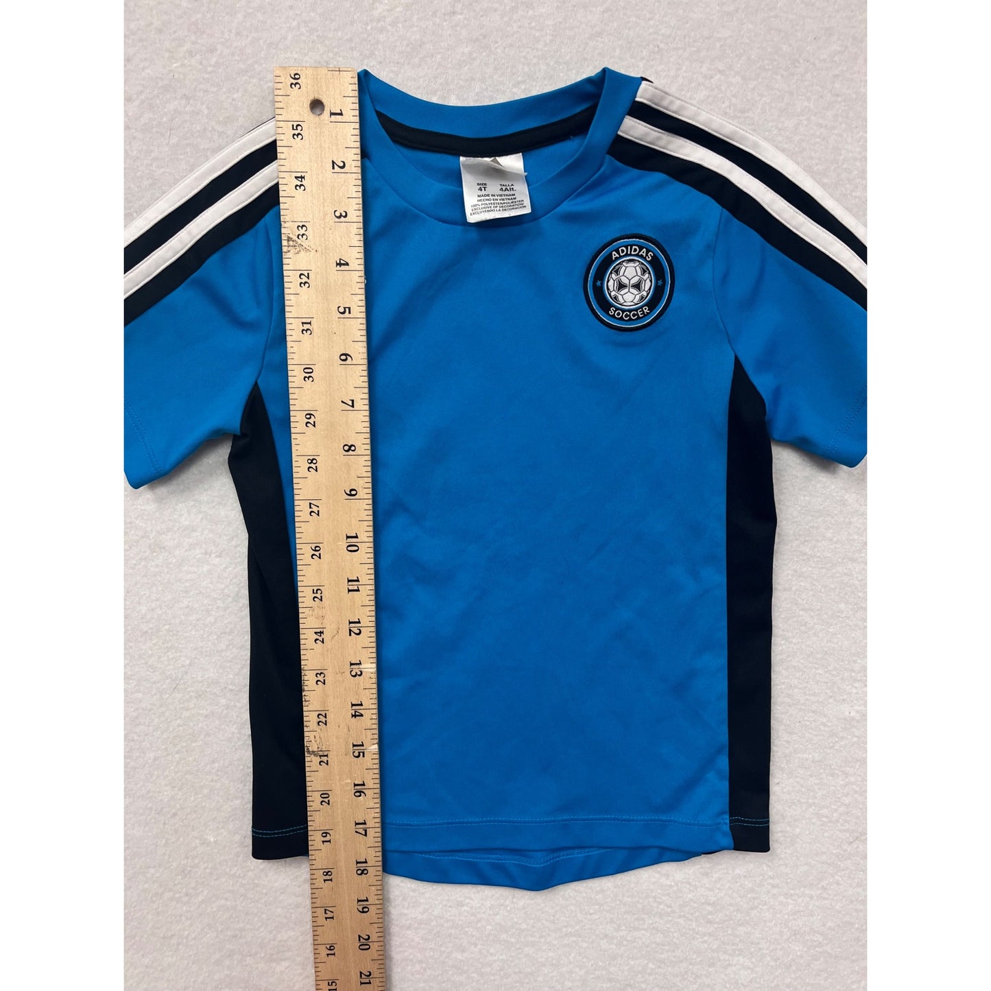Adidas Kids Blue Soccer Tee With Striped Sleeves & Embroidered Logo Size 4T #6505