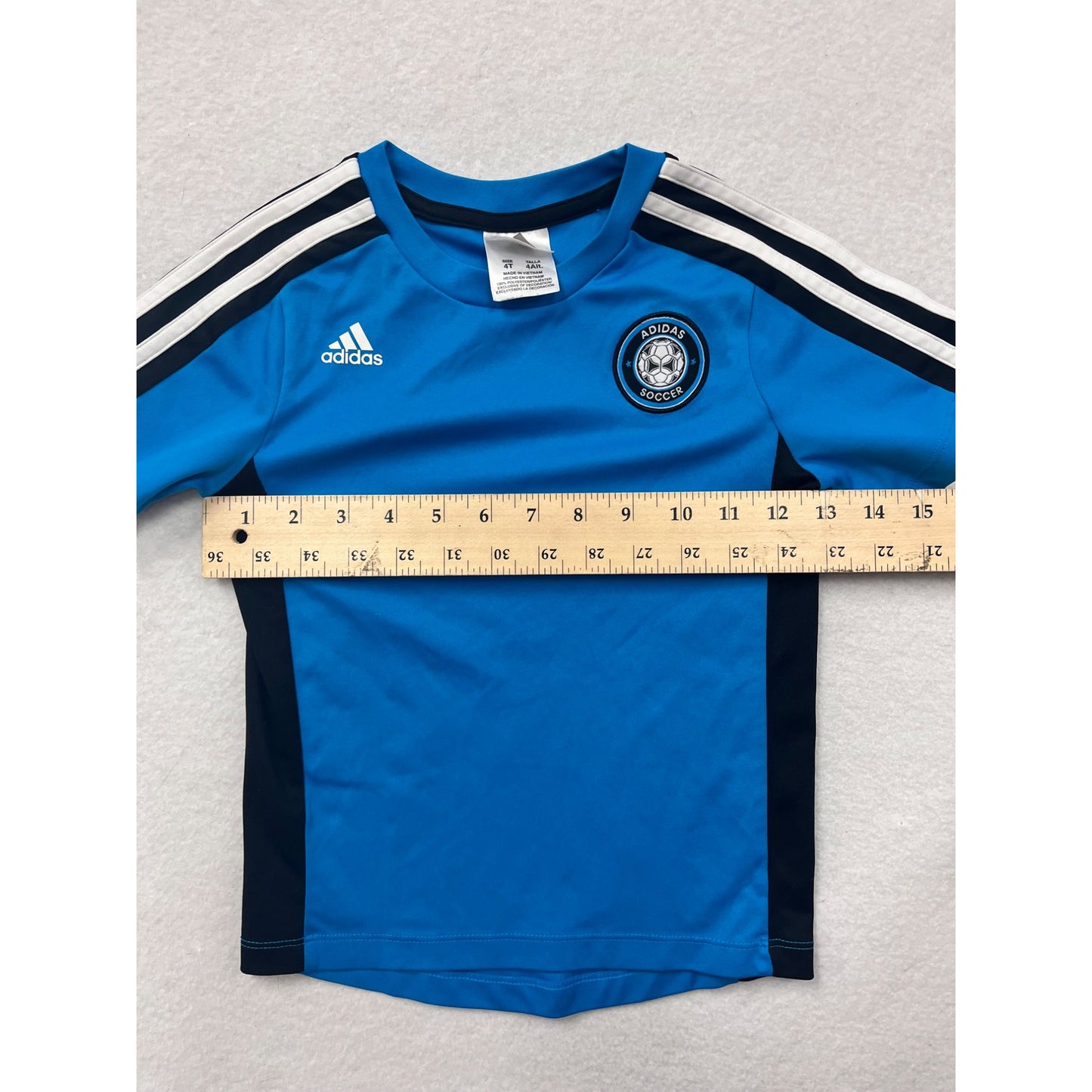 Adidas Kids Blue Soccer Tee With Striped Sleeves & Embroidered Logo Size 4T #6505