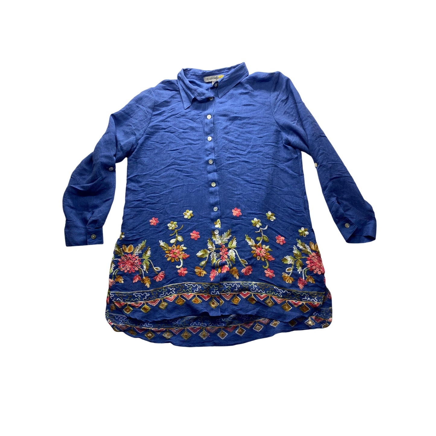 Figueroa & Flower Womens Blue Long-Sleeve Button-Down Tunic Top #7342
