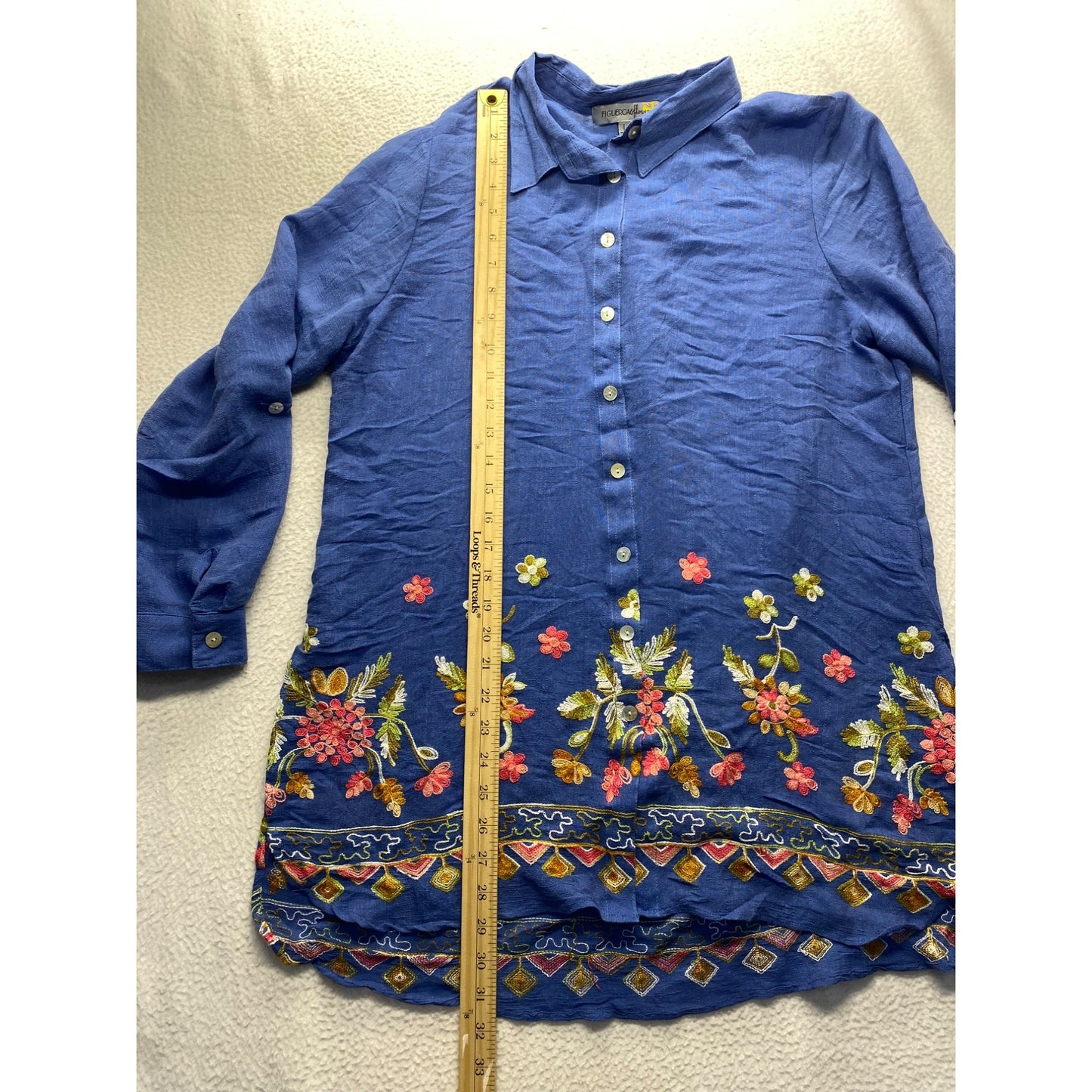 Figueroa & Flower Womens Blue Long-Sleeve Button-Down Tunic Top #7342