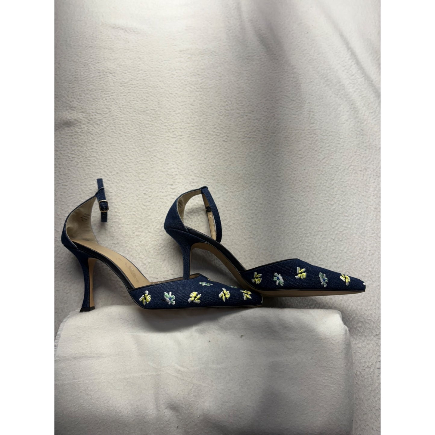 Ann Taylor Denim Block Heel Floral Embroidered Pumps #7634