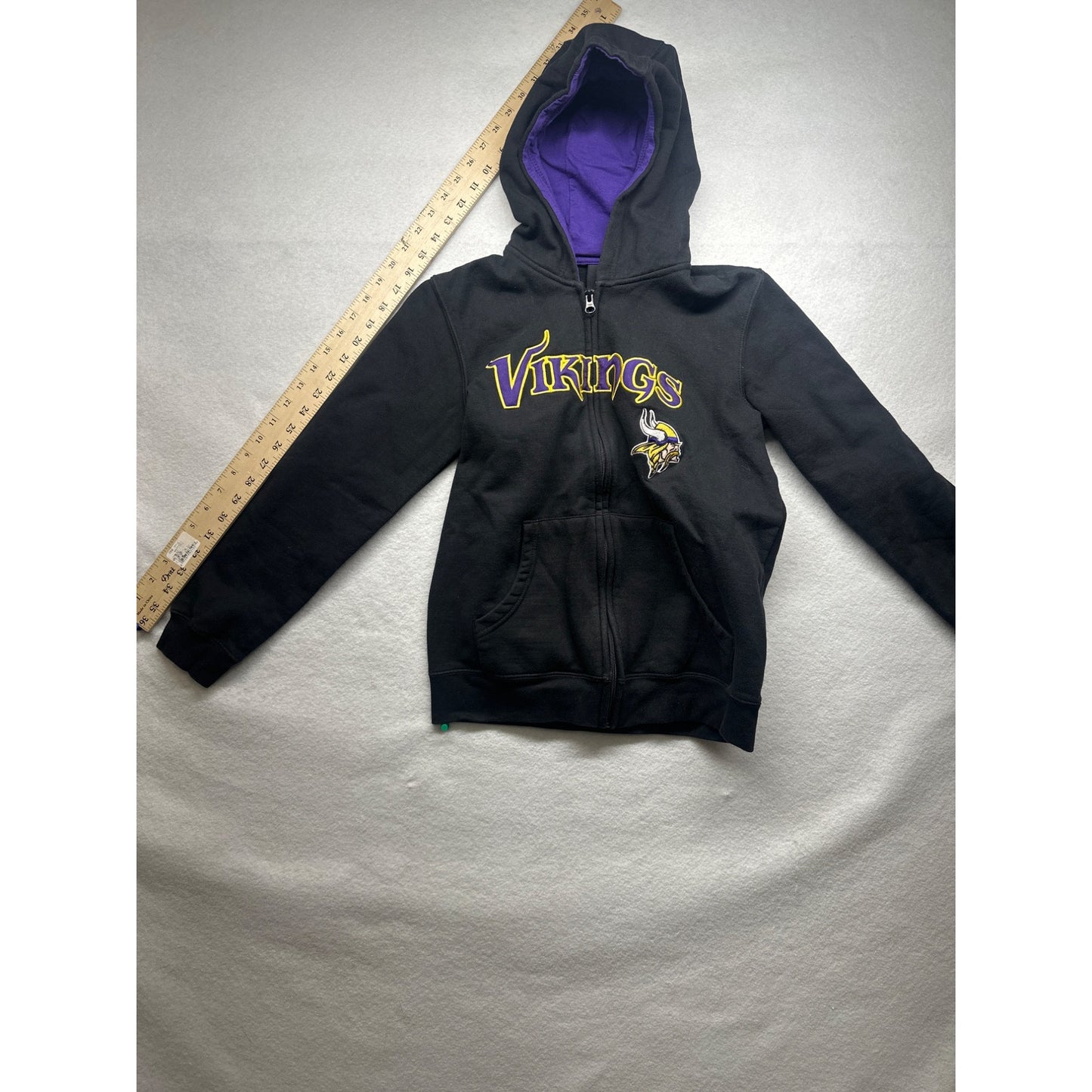 NFL Vikings Youth Black Hoodie Jacket With Purple Lining & Logo Size L 14/16 6486