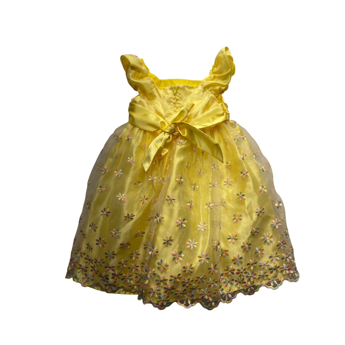 Yellow Toddler Floral Embroidered Dress With Bow & Ruffled Sleeves #7037