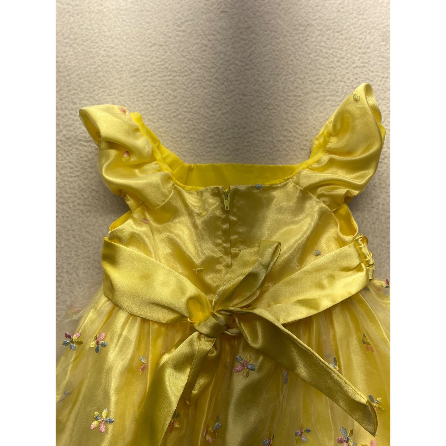 Yellow Toddler Floral Embroidered Dress With Bow & Ruffled Sleeves #7037