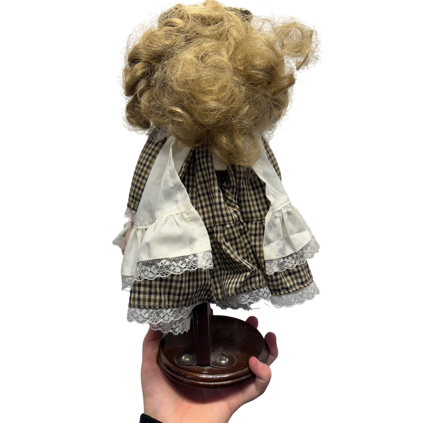 Vintage Porcelain Doll With Brown Hair & Checkered Dress #421B