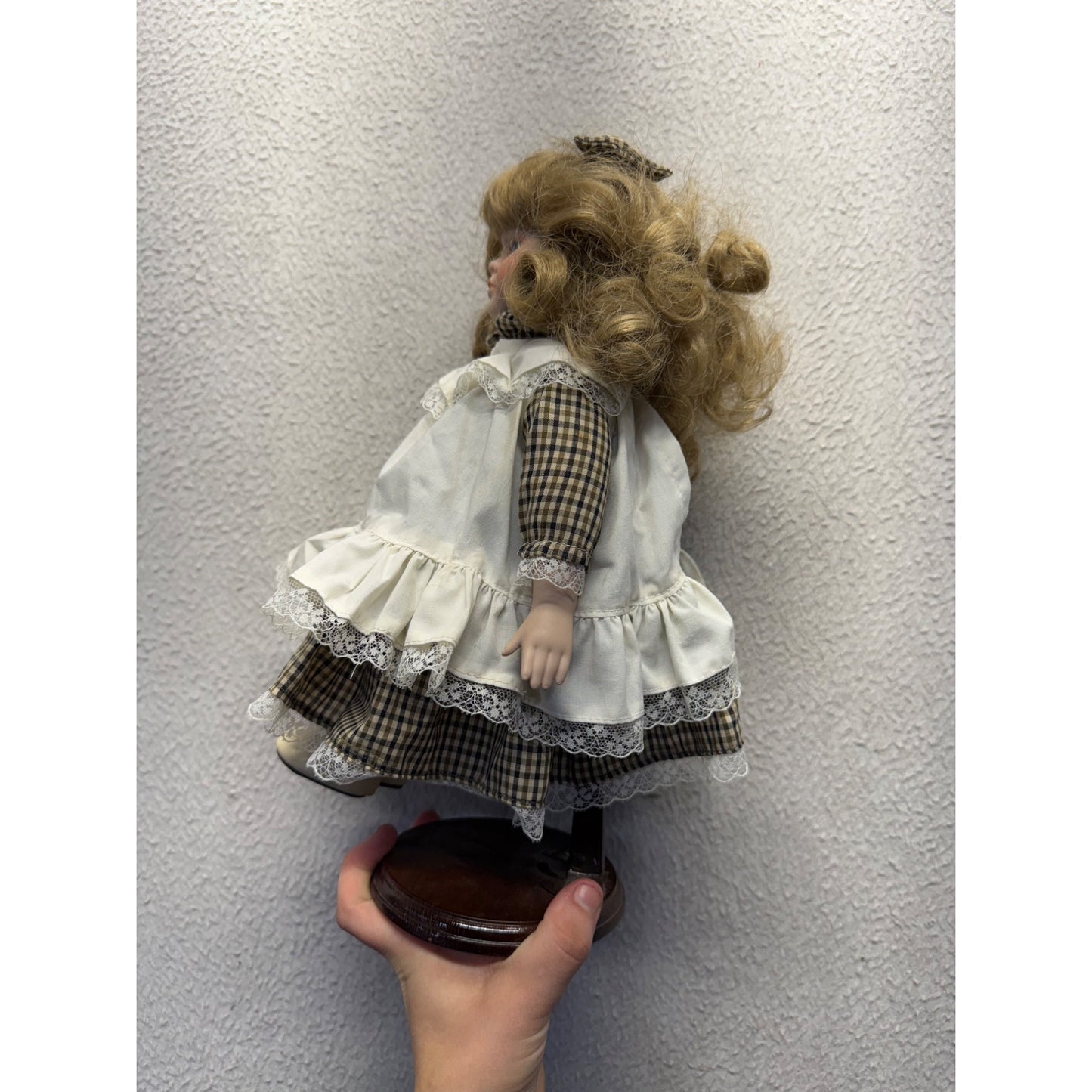 Vintage Porcelain Doll With Brown Hair & Checkered Dress #421B