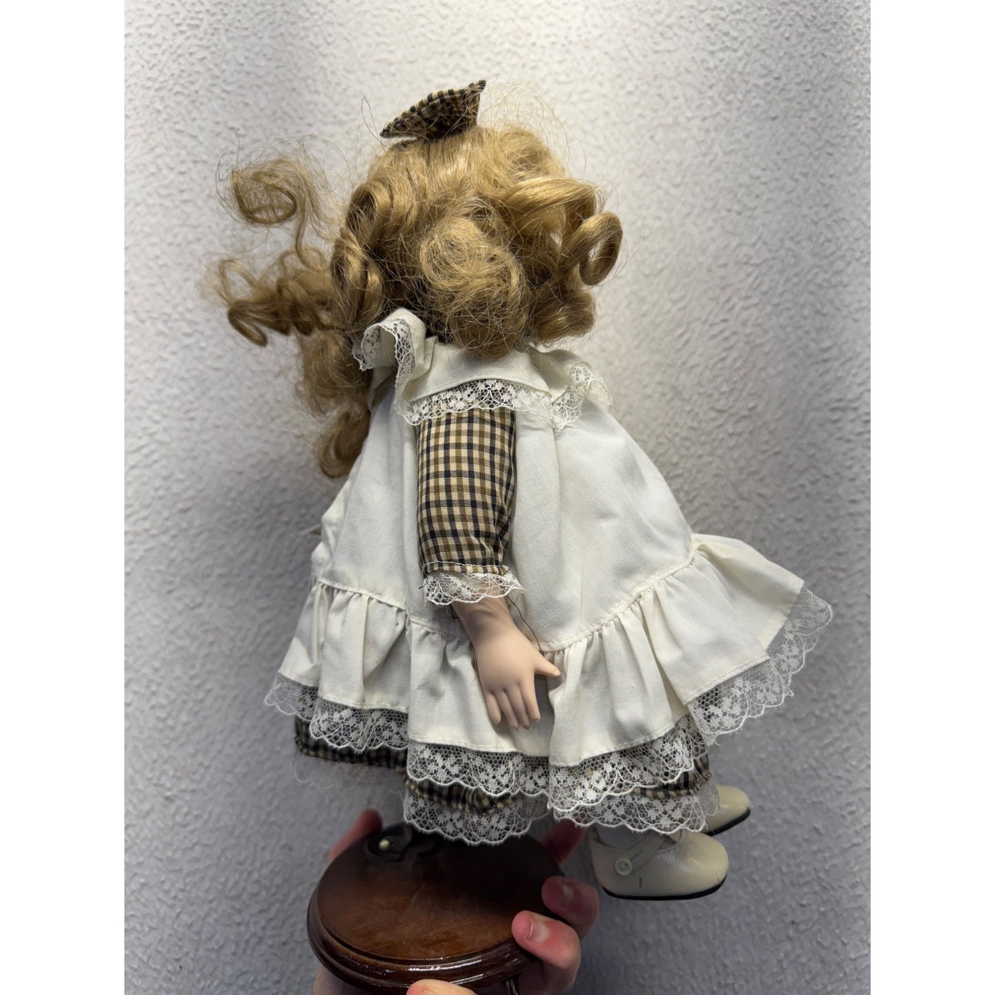Vintage Porcelain Doll With Brown Hair & Checkered Dress #421B