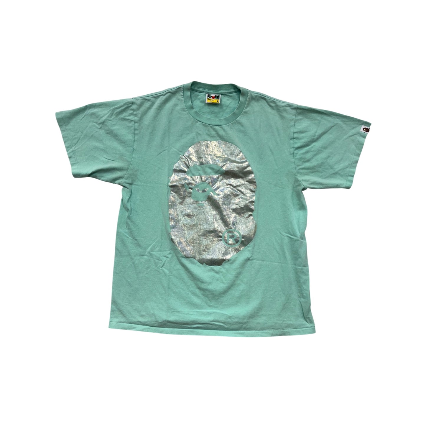 Bape Mens Mint Green Graphic Tee With Metallic Silver Design Size L #72A