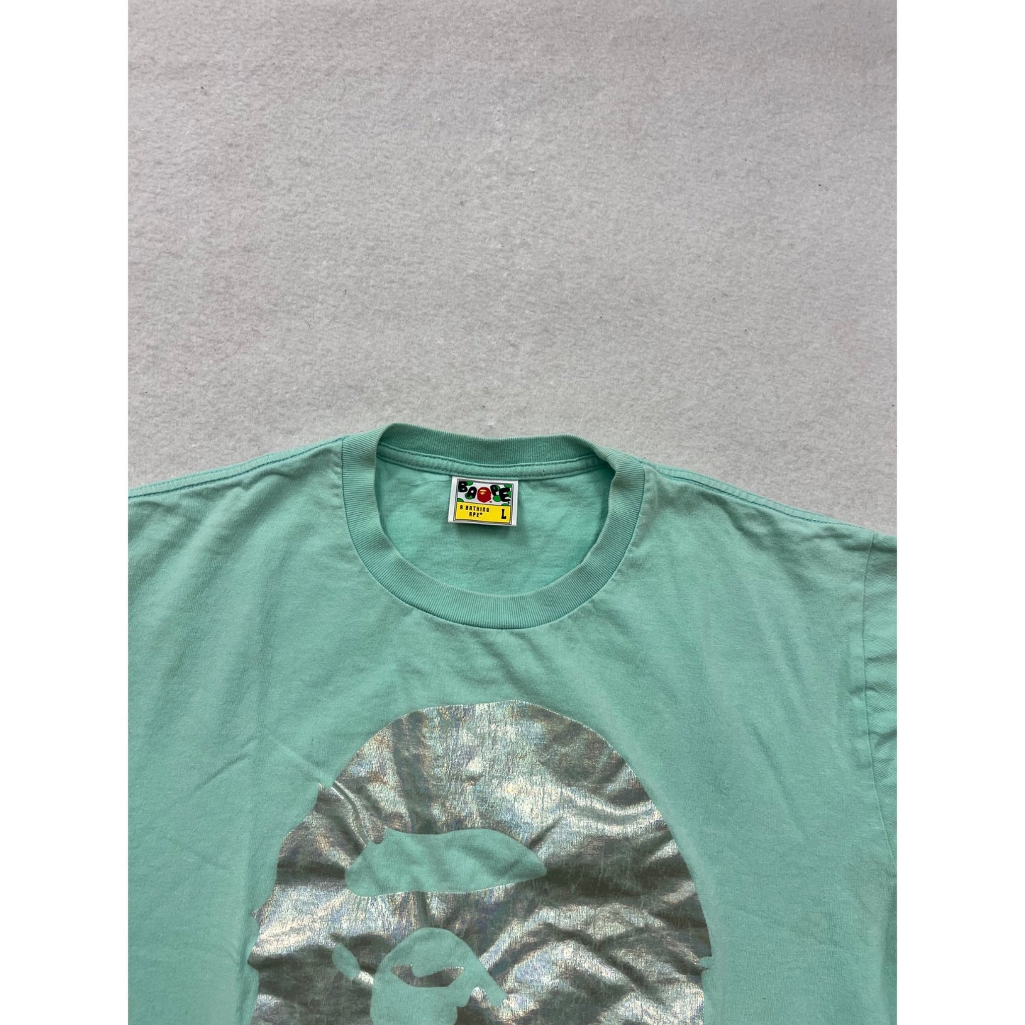 Bape Mens Mint Green Graphic Tee With Metallic Silver Design Size L #72A