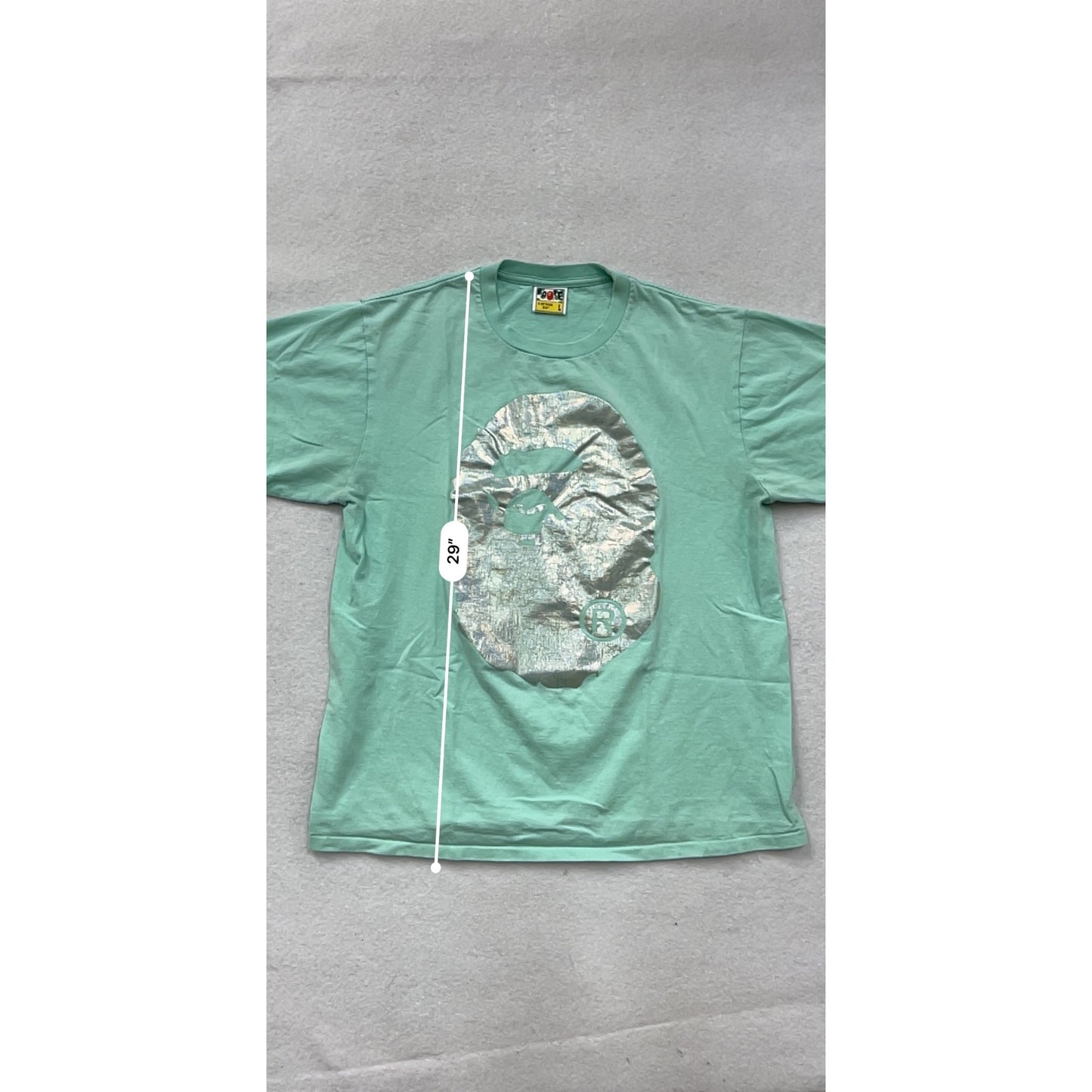 Bape Mens Mint Green Graphic Tee With Metallic Silver Design Size L #72A