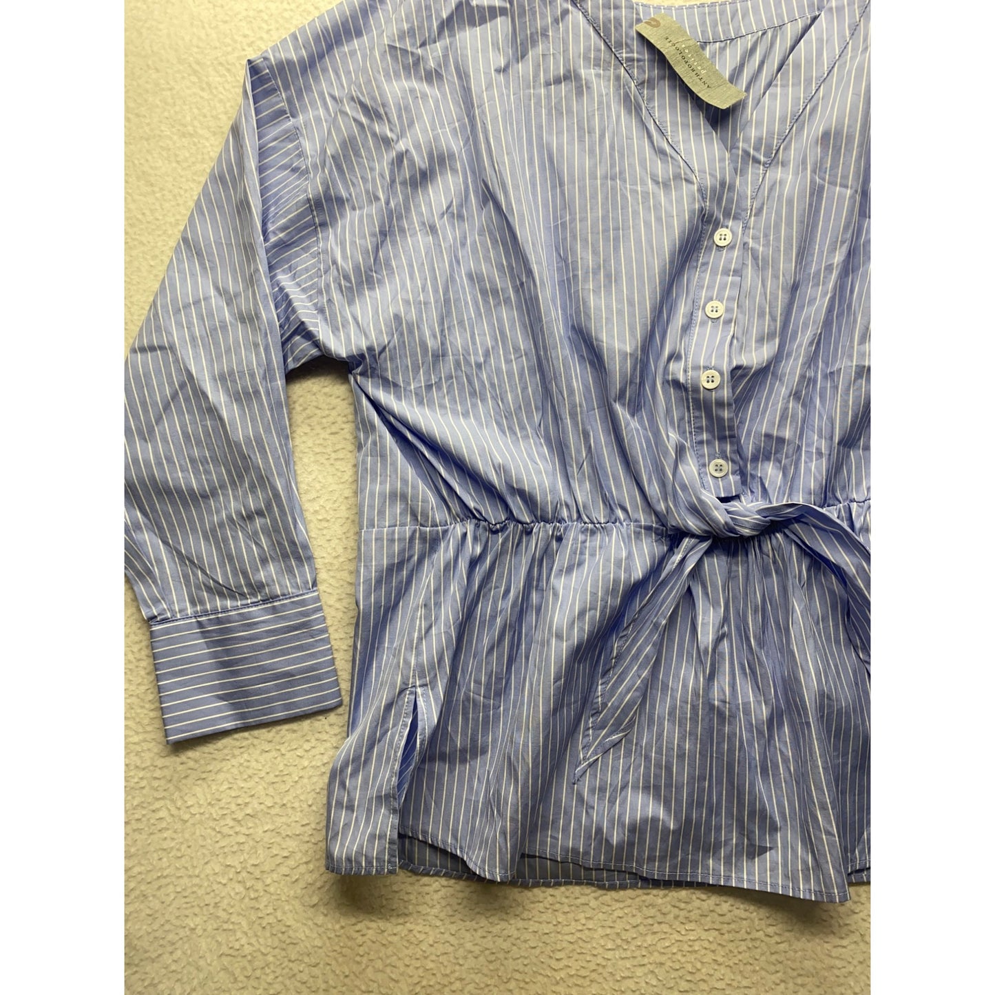 Striped V-Neck Blue Tie-Waist Blouse By Harshman For Anthropologie #7320